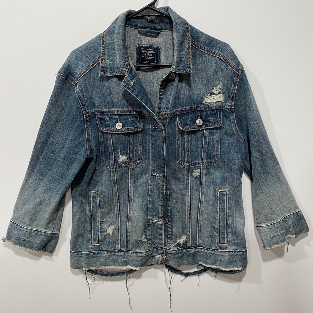 Abercrombie‎ Fitch Distressed Denim Jacket Women's Size L Blue Jean Ripped